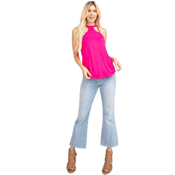 143 Story Fuchsia Pink Edgy Cut Out Strappy Sleeveless Bamboo Tank Top - Picture 5 of 6